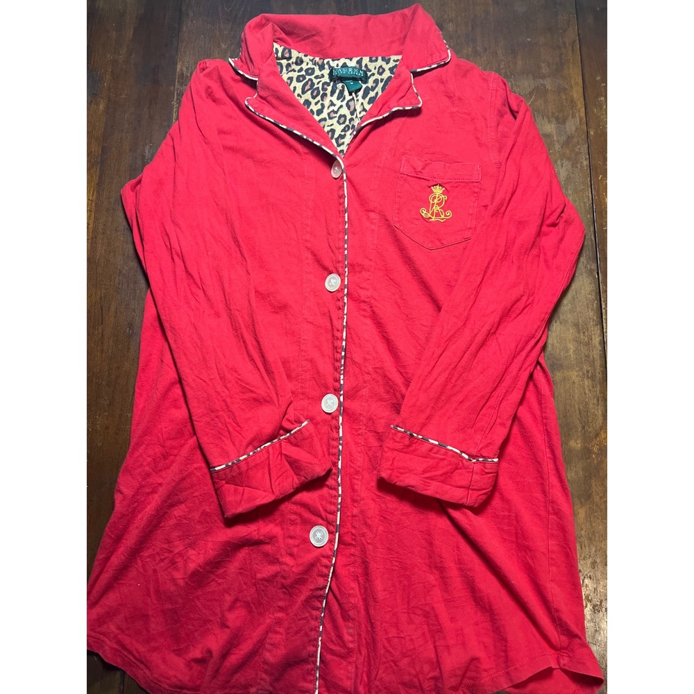 Lauren Ralph Lauren Sleep Shirt Women Medium Red Leopard Trim Excellent Cotton